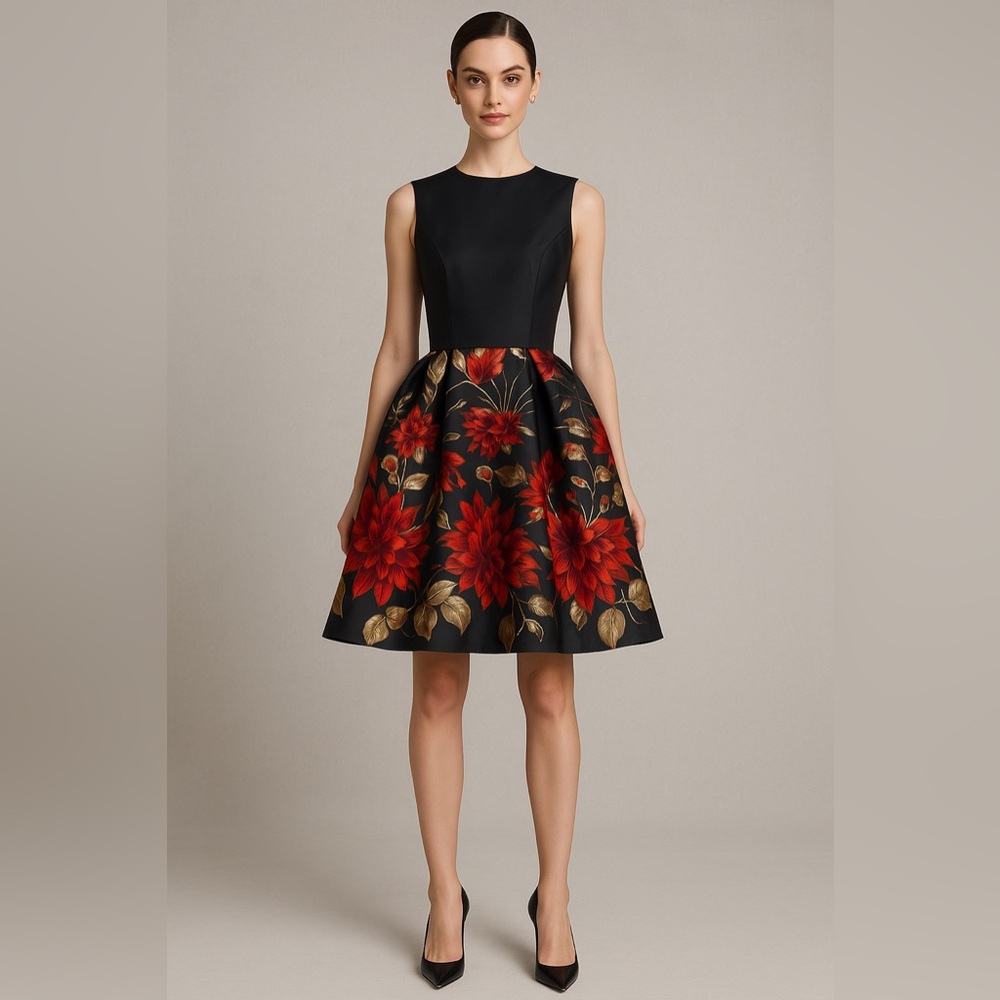 Wayne Clark Black Floral Cocktail Dress Size 4
full skirt